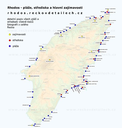 Rhodos - mapa středisek a pláží