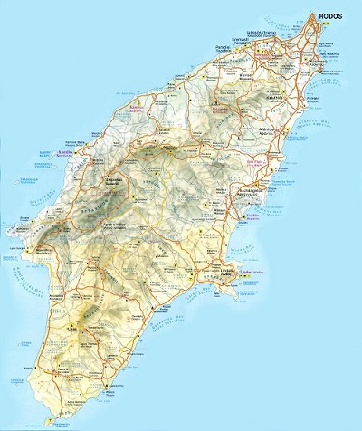 Mapa ostrova Rhodos - silniční mapa