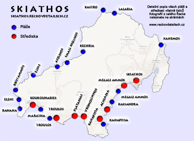 Skiathos - mapa s vyznačenými středisky a plážemi