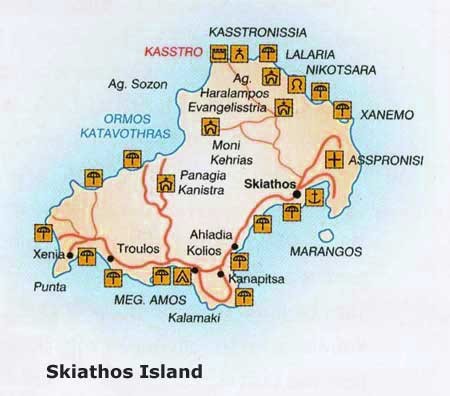 Mapa Skiathosu s vyznačenými silnicemi
