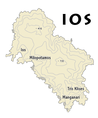 Mapa Iosu s vyznačením vrstevnic