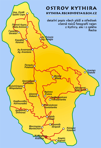 Mapa ostrova Kythira s vyznačením slinic a vesniček