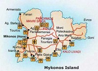 Mapa Mykonosu s vyznačením středisek a pláží