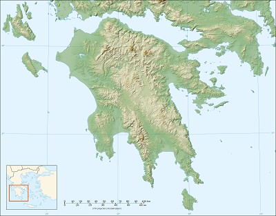 Reliéfní mapa oblasti Peloponés
