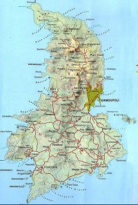 Mapa Syrosu s vyznačeným terénem 