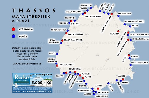 Thassos - mapa středisek a pláží