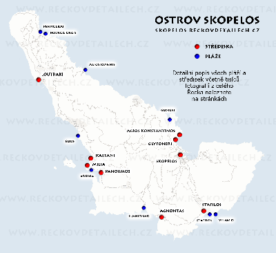 Mapa ostrova Skopleos s vyznačenými středisky a plážemi