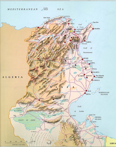 Mapa Tuniska s nakreslenými horami